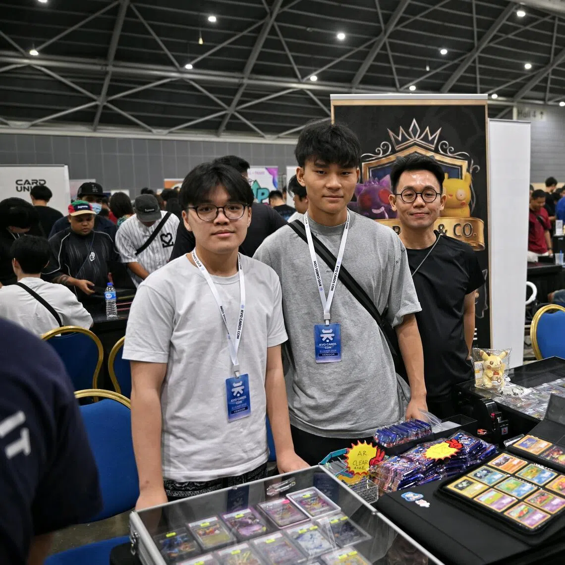 (From left) Mr Lee Shang Hong, Mr Davian Sng and Mr Adrian Lim teamed up at Kyo Con to buy, sell and trade Pokemon cards under the name Snorlaxandco.