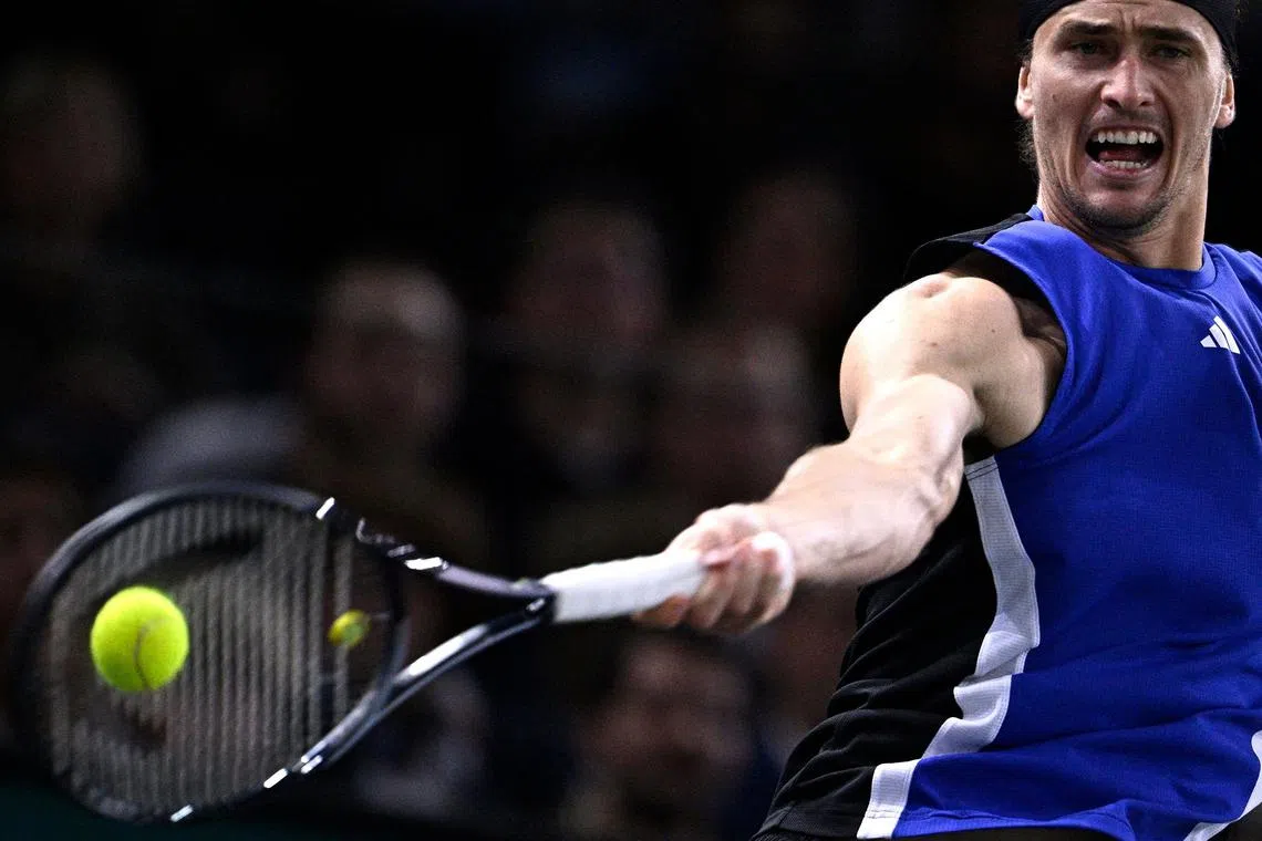 Germany's Alexander Zverev playing a forehand return during the Paris Masters final on Nov 3.