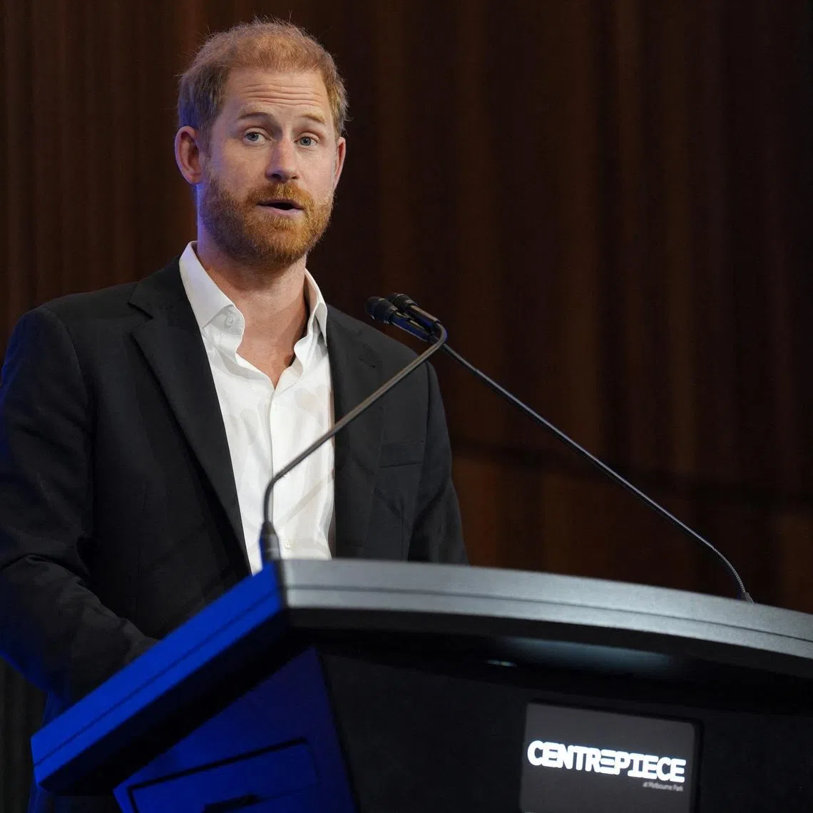 Britain's Prince Harry, the Duke of Sussex, delivers the keynote speech at the InterEdge Summit, at Centrepiece in Melbourne Park, Victoria, Australia, April 16, 2026.  Jonathan Brady/Pool via