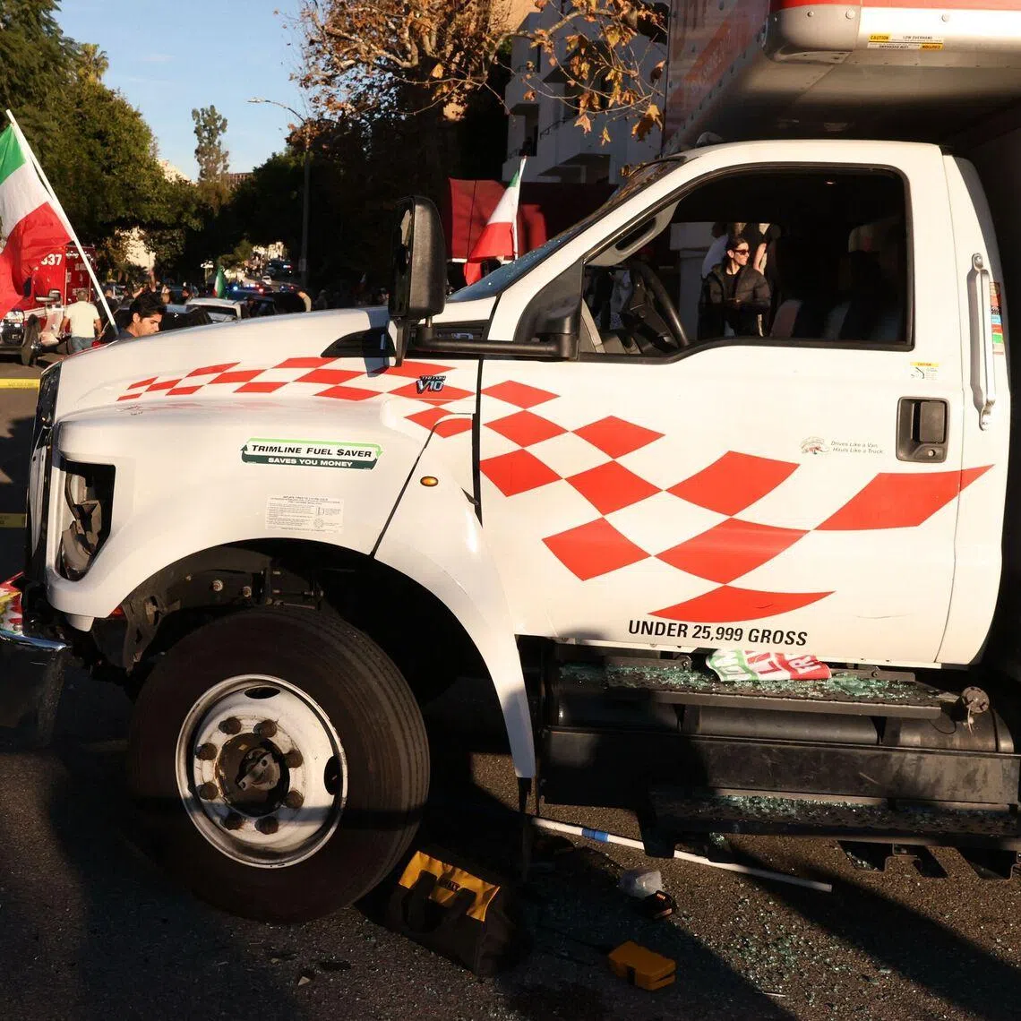 A U-Haul truck that reportedly was driven into a crowd is pictured during a 'Free Iran' rally in Los Angeles, California, on Jan 11.