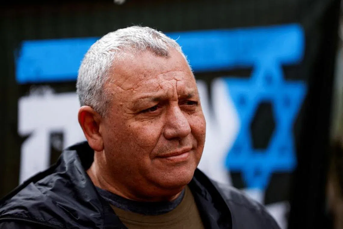 FILE PHOTO: Knesset Member and former military chief Gadi Eisenkot attends a demonstration against proposed judicial reforms by Israel's new right-wing government in Shoresh near Jerusalem, February 9, 2023. REUTERS/Amir Cohen/File Photo
