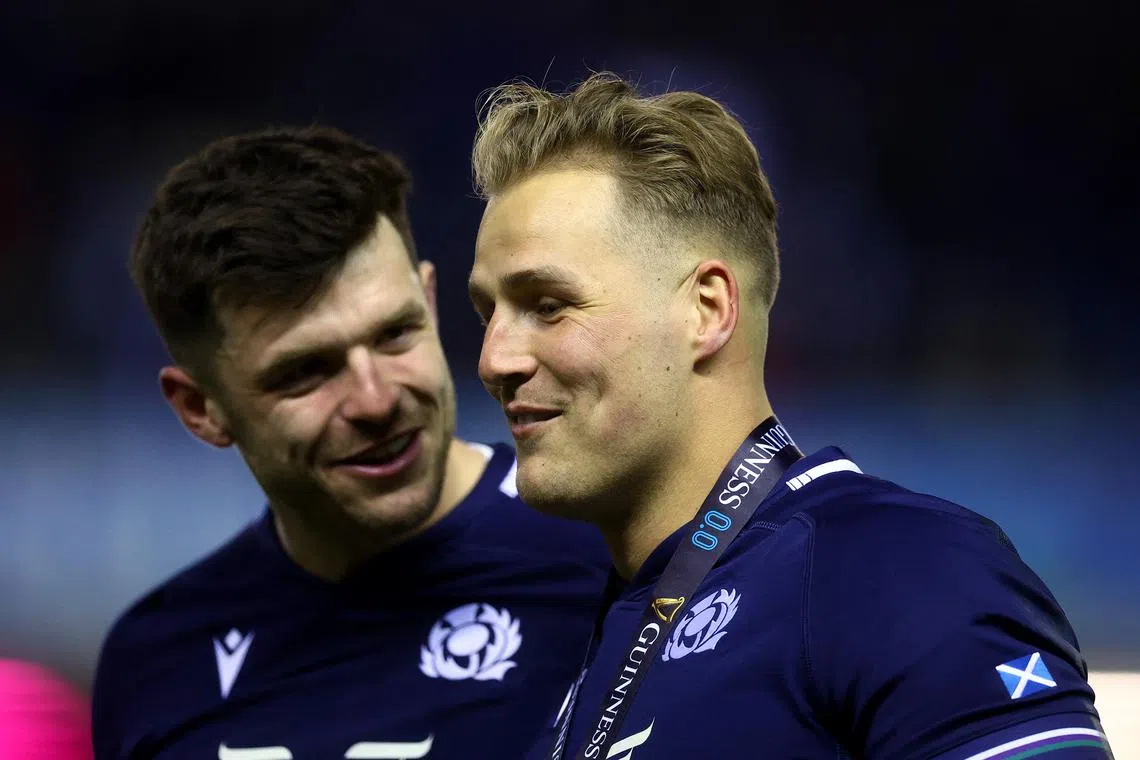 Rugby Union - Six Nations Championship - Scotland v England - Murrayfield Stadium, Edinburgh, Scotland, Britain - February 24, 2024 Scotland's Duhan van der Merwe celebrates after the match Action Images via Reuters/Lee Smith/ File Photo