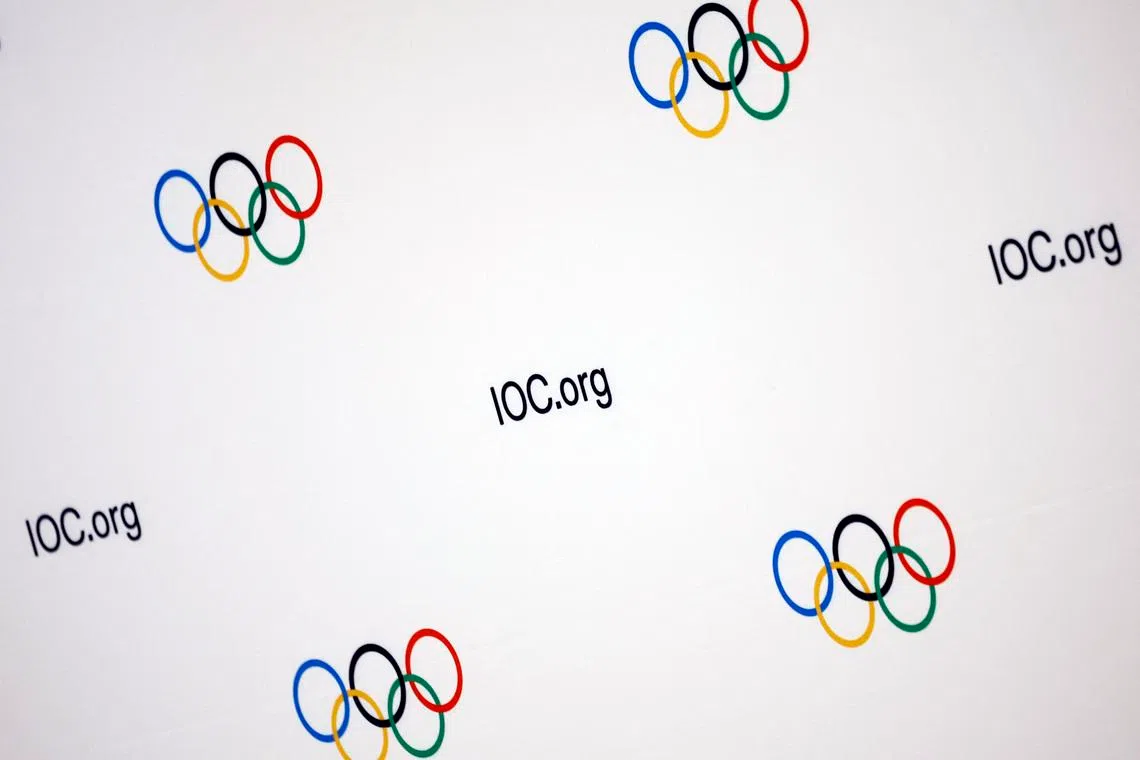 Olympics - IOC Executive Board meeting - Salon Hoche, Paris, France - November 29, 2023 Olympic logos are seen before a press conference REUTERS/Sarah Meyssonnier