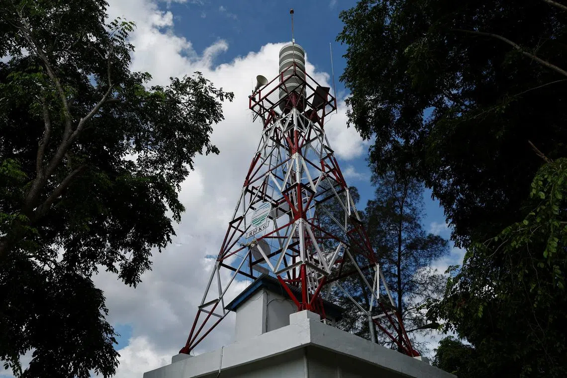 A view of a tsunami sirene tower installed at the city center of Banda Aceh is pictured, Aceh, Indonesia, December 23, 2024. REUTERS/Willy Kurniawan