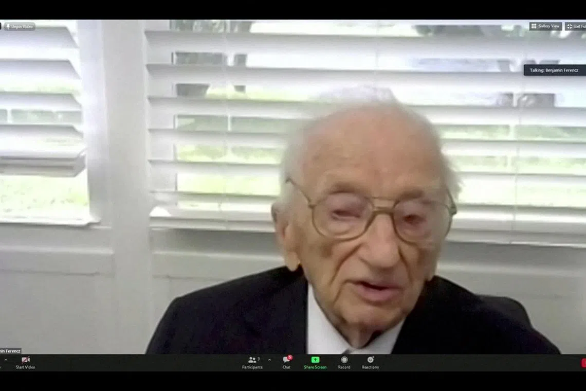A 2020 still image shows Benjamin Ferencz, former chief prosecutor in the Nuremberg trials, speaking from his home in the US.