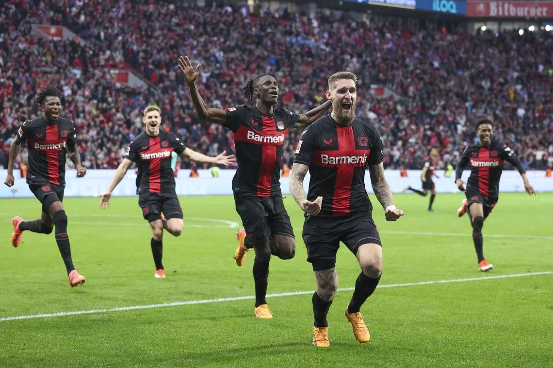 Bayer Leverkusen's Robert Andrich scored in the sixth minute of stoppage time in their 2-2 draw against VfB Stuttgart on April 27.