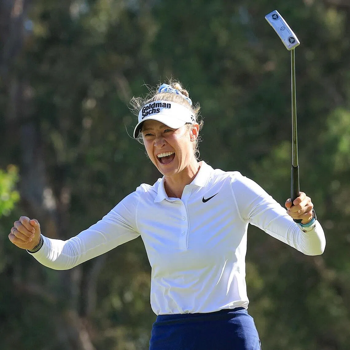 Nelly Korda of the United States celebrates holing the winning putt on the 18th green to secure her one shot victory during the final round of the US Women's Open at Riviera Country Club on June 7, 2026 in Pacific Palisades, California.