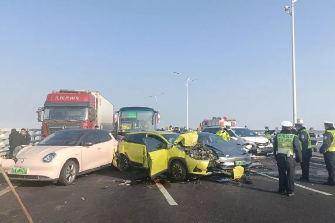 Several cars and trucks could be seen crumpled and piled on top of each other on the Zhengxin Huanghe bridge in pictures and videos on social media.