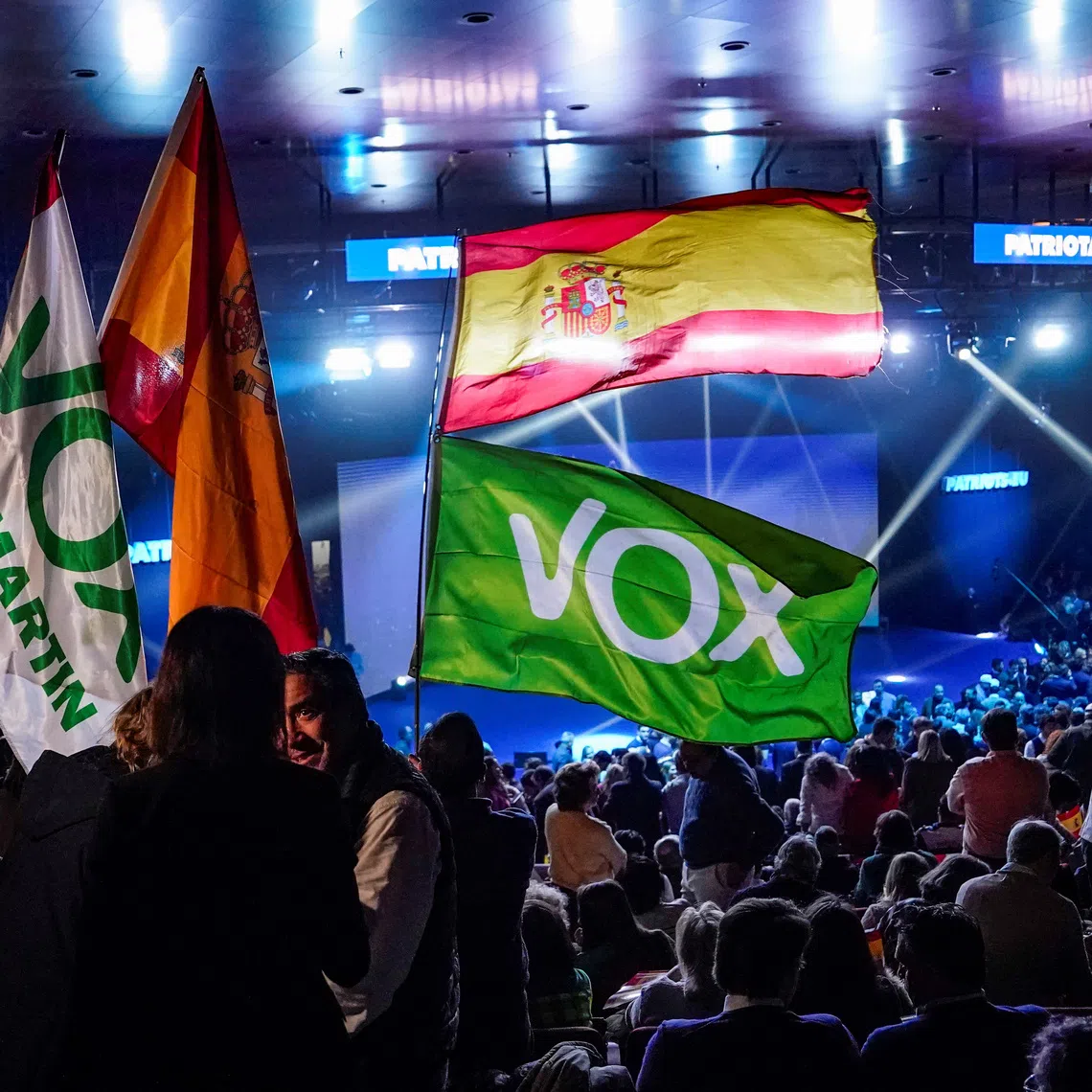 People hold flags as they wait for Spanish far-right party VOX rally with other European far-right leaders, in Madrid, Spain, February 8, 2025. REUTERS/Ana Beltran