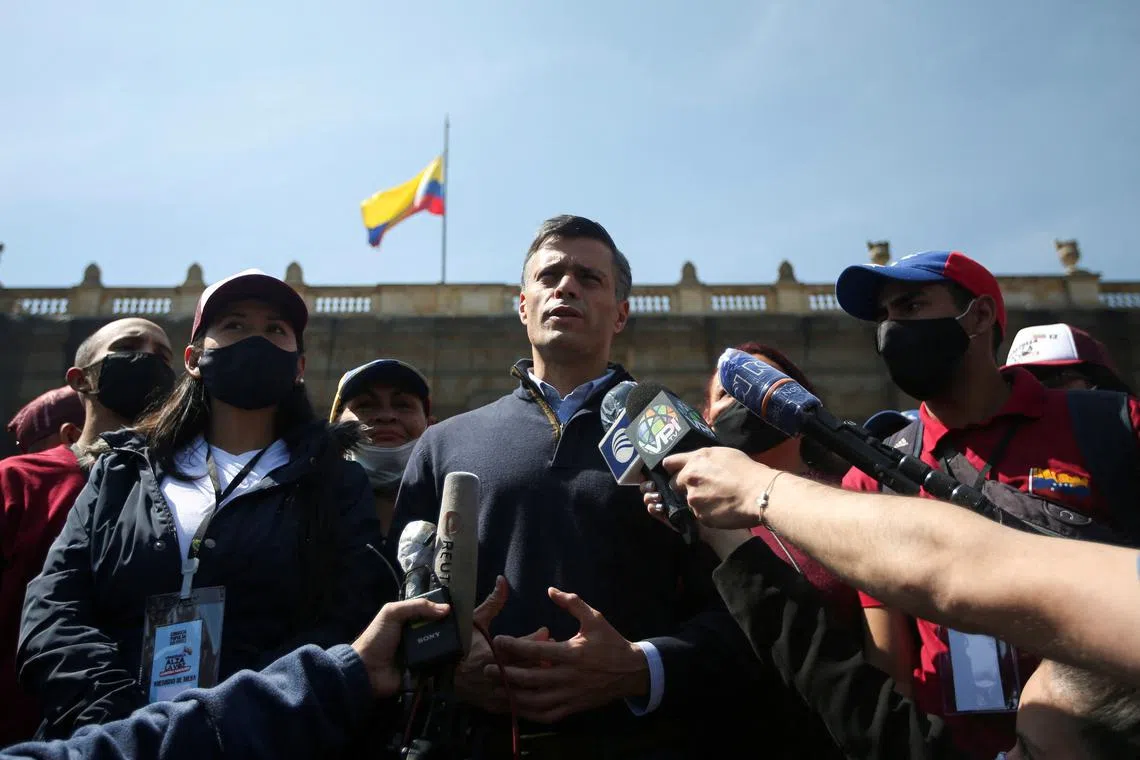 FILE PHOTO: Venezuelan opposition politician Leopoldo Lopez speaks to the media after participating in a popular consultation launched by opposition leader Juan Guaido to decline Venezuela's December 6 parliamentary election, in Bogota, Colombia December 12, 2020. REUTERS/Luisa Gonzalez/File Photo