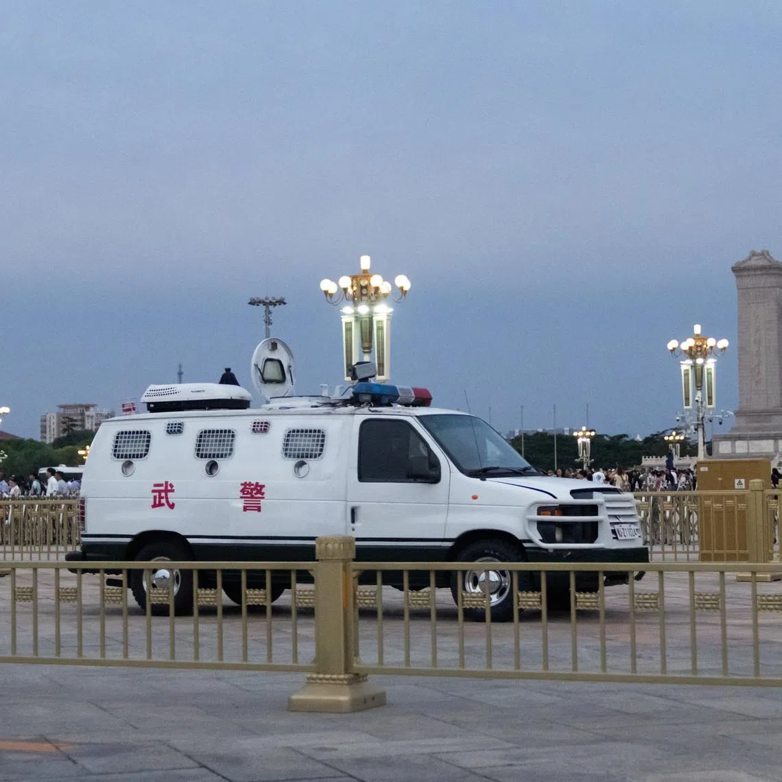 An armoured police car is parked in the Tiananmen Square in Beijing, China, June 3, 2026. REUTERS/Maxim Shemetov