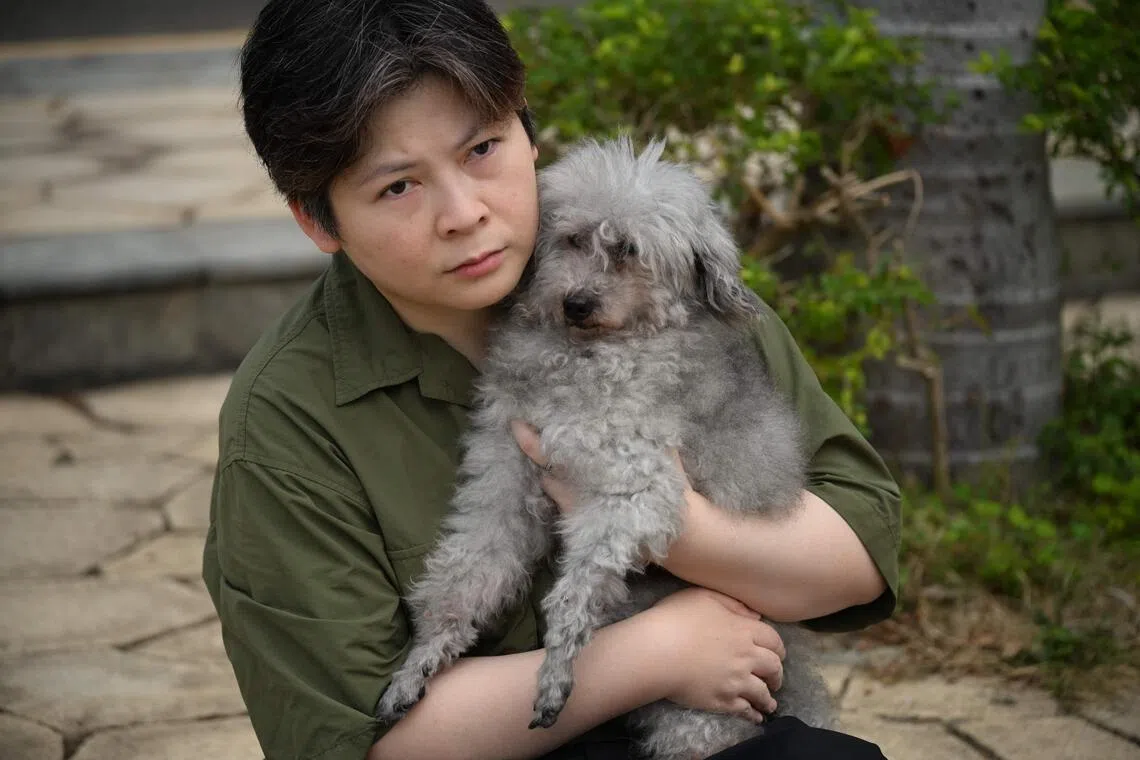 Ms Jacky Lee, 43, with her 15-year-old poodle 'Jason' after he was rescued by firemen from the Wang Fuk Court in the aftermath of the deadly Nov 26 fire in Hong Kong's Tai Po district.