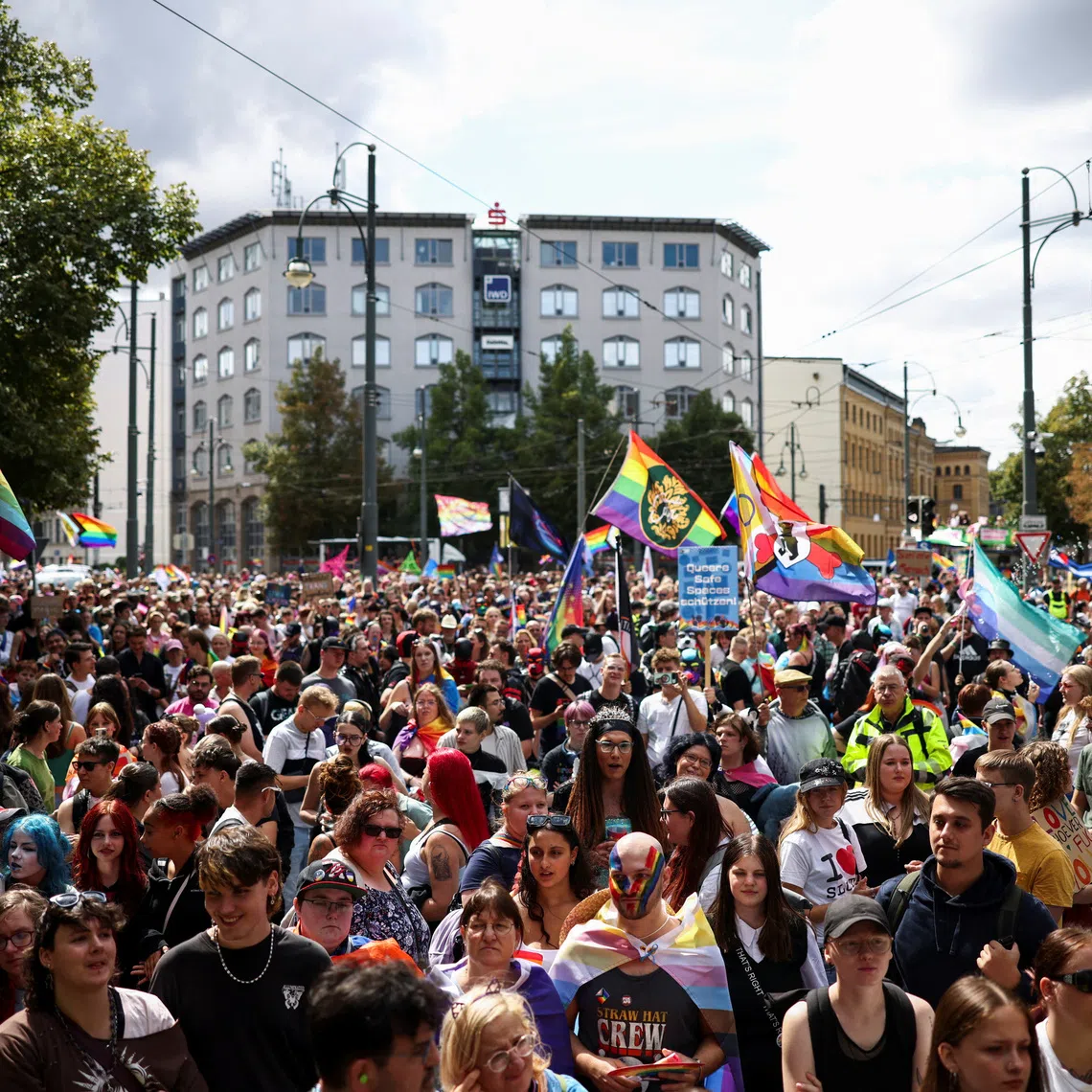 Revellers attend the annual Christopher Street Day (CSD) LGBTQ+ Pride demonstration, in Magdeburg, Germany, August 22, 2026. REUTERS/Liesa Johannssen