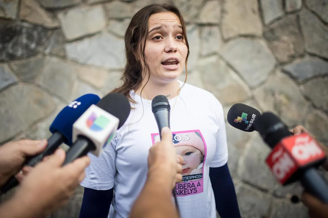 Ms Yorely Bernal, the mother of Maikelys Espinoza Bernal, aged two, speaking to journalists in Caracas, Venezuela, on May 1.