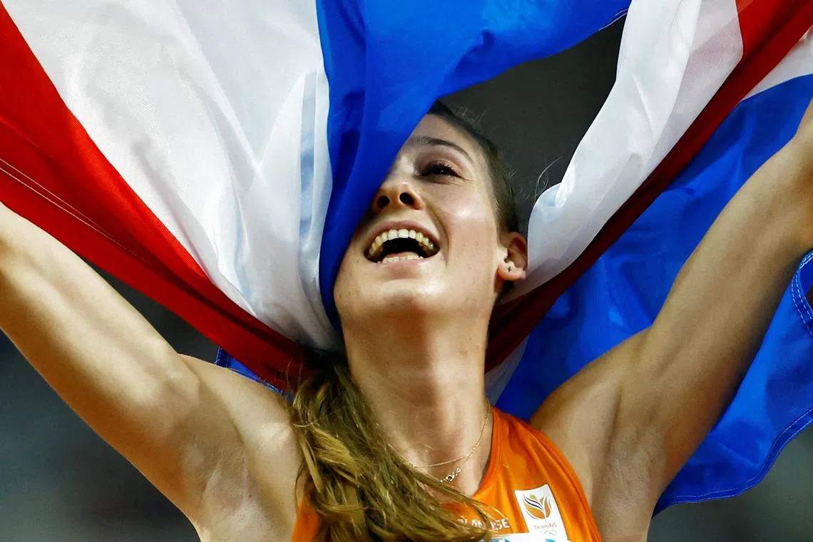 Netherlands' Femke Bol celebrating after winning the women's 400m hurdles final at the World Athletics Championship in Budapest, Hungary, on Aug 24.