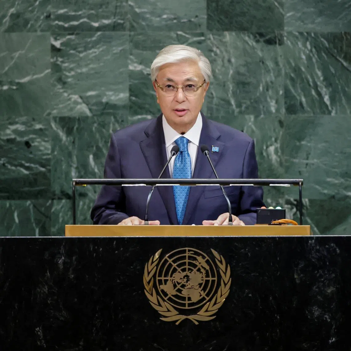 Kazakhstan President Kassym-Jomart Tokayev addresses the 80th United Nations General Assembly at U.N. headquarters in New York, U.S., September 23, 2025. REUTERS/Eduardo Munoz