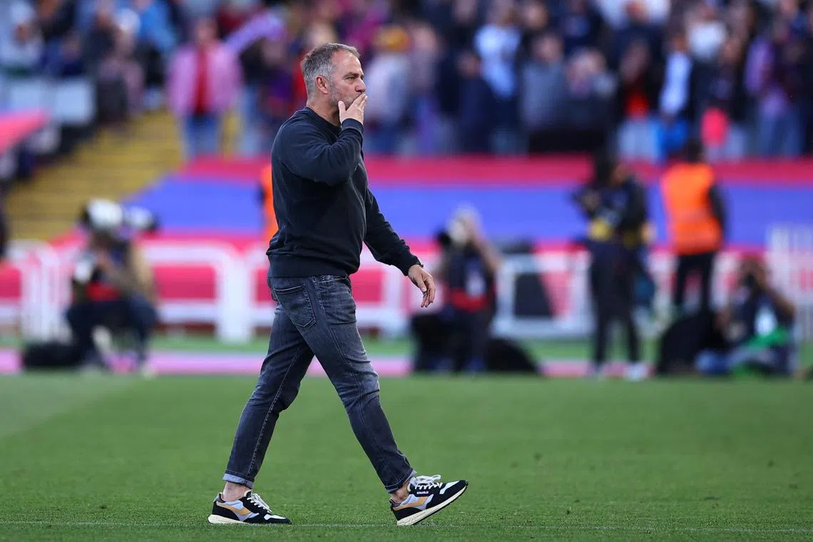 Soccer Football - LaLiga - FC Barcelona v Celta Vigo - Estadi Olimpic Lluis Companys, Barcelona, Spain - April 19, 2025 FC Barcelona coach Hansi Flick celebrates after the match REUTERS/Albert Gea