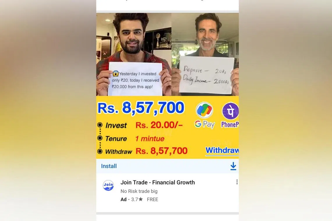An ad for "Join Trade", an illegal ponzi app which used photos of celebrities Akshay Kumar (right) and Manish Paul to lure customers.