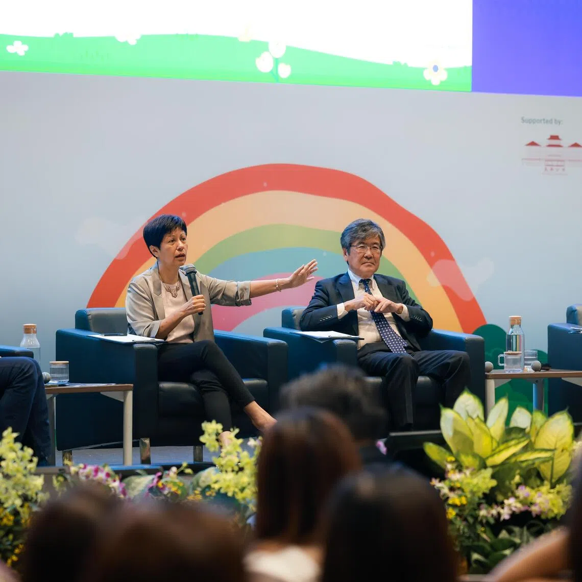 (From left) Professor Paulin Straughan, director of the Centre for Research on Successful Ageing at SMU, moderating a panel discussion with Minister in the Prime Minister’s Office Indranee Rajah, Nagoya University Graduate School of International Development vice-dean Satoshi Shimizutani and Technische Universität Dresden rector Ursula Staudinger on Oct 20.