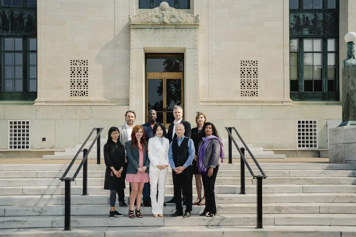 A group of researchers from the International Panel on the Information Environment during the Nobel Prize Summit at the National Academy of Sciences in Washington, May 24, 2023. From left: Wendy Chun, Sebastián Valenzuela, Saiph Savage, Charlton McIlwain, Young Mie Kim, Philip Howard, Sheldon Himelfarb, Selcan Kaynak and Sushma Raman. The group of scholars introduced an international panel to study the digital information landscape, inspired by those who had been warning of the effect of global warming.(Shuran Huang/The New York Times)
