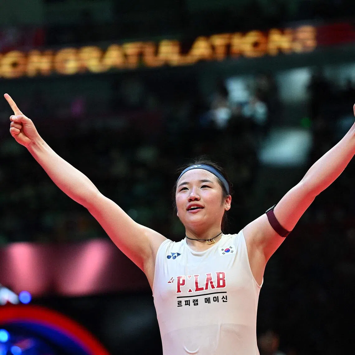 South Korea’s An Se-young celebrating after defeating China’s Wang Zhiyi 21-13, 18-21, 21-10 in 1hr 36min in the Badminton World Tour (BWF) World Tour Finals women's singles final at the Hangzhou Olympic Sports Centre Gymnasium on Dec 21.