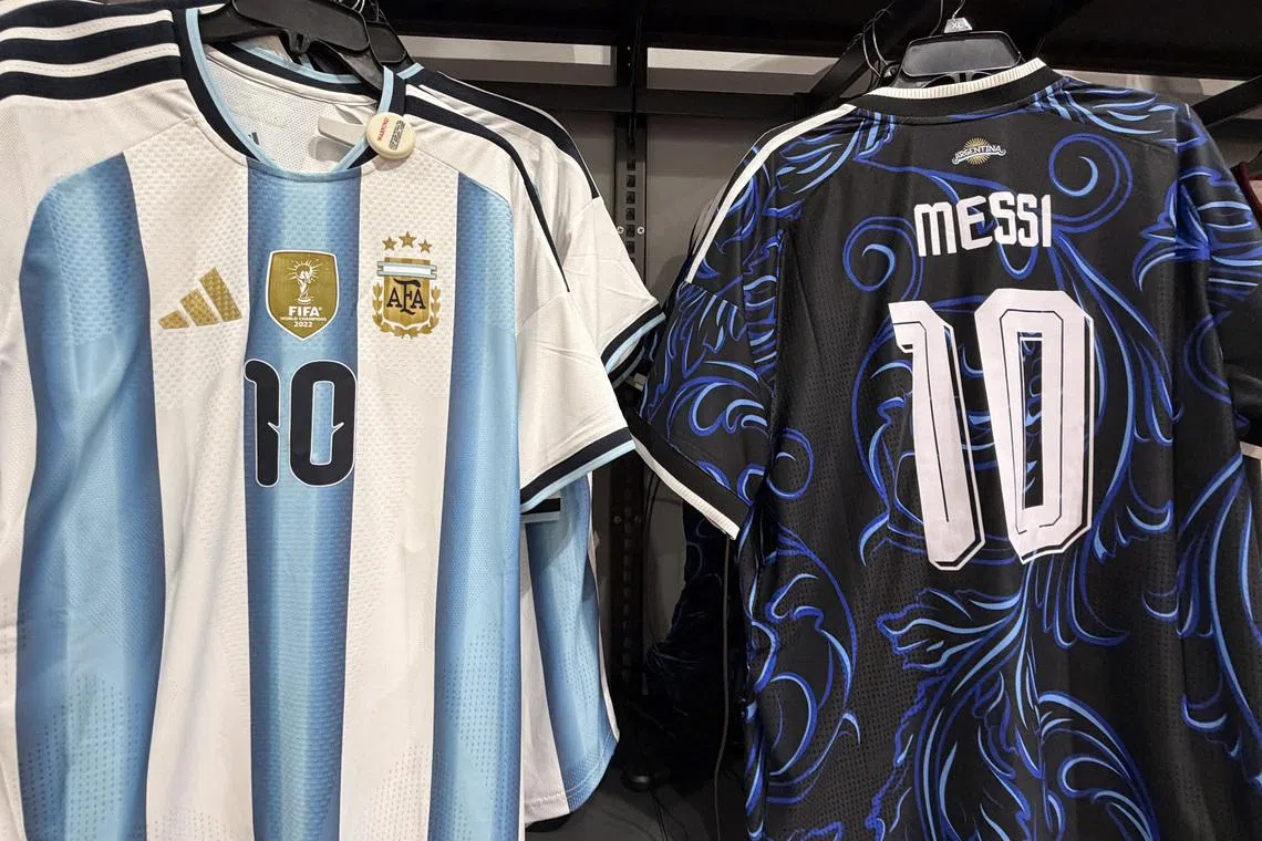 Adidas jerseys of Argentina forward Lionel Messi (10) at Dick’s Sporting Goods.