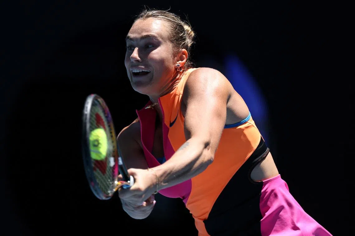 Tennis - Australian Open - Melbourne Park, Melbourne, Australia - January 23, 2026 Belarus' Aryna Sabalenka in action during her third round match against Austria's Anastasia Potapova REUTERS/Edgar Su