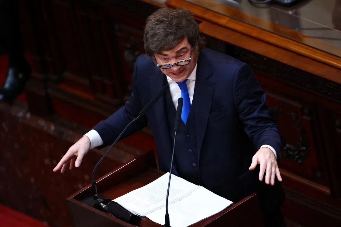 Argentina's President Javier Milei speaks during the opening session of the 144th legislative term of Congress at the National Congress building in Buenos Aires, Argentina, March 1, 2026. REUTERS/Agustin Marcarian
