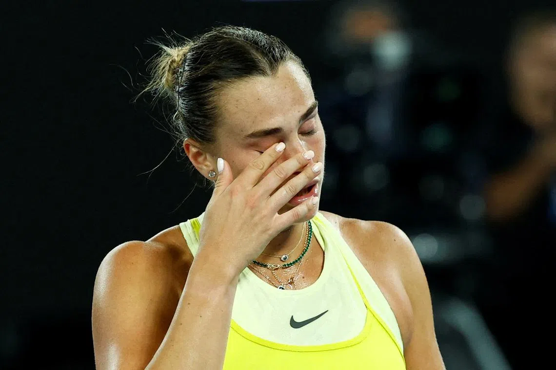Tennis - Australian Open - Melbourne Park, Melbourne, Australia - January 25, 2025 Belarus' Aryna Sabalenka looks dejected after losing the final against Madison Keys of the U.S. REUTERS/Kim Kyung-Hoon