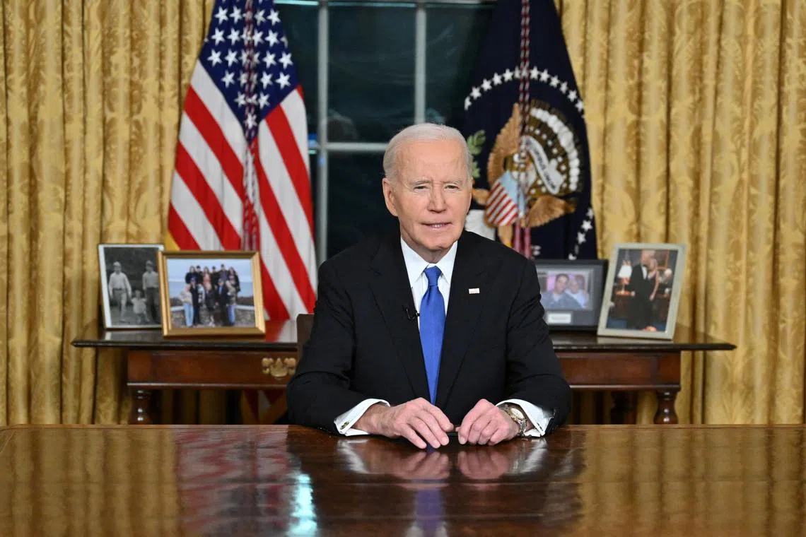 US President Joe Biden delivers his farewell address to the nation from the Oval Office of the White House in Washington, DC, on January 15, 2025.     MANDEL NGAN/Pool via REUTERS