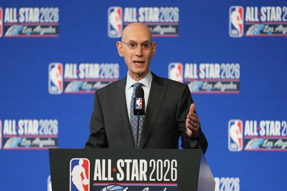 NBA commissioner Adam Silver speaking to the media during a press conference before the 2026 NBA All-Star Saturday Night at Intuit Dome in Los Angeles on Feb 14.