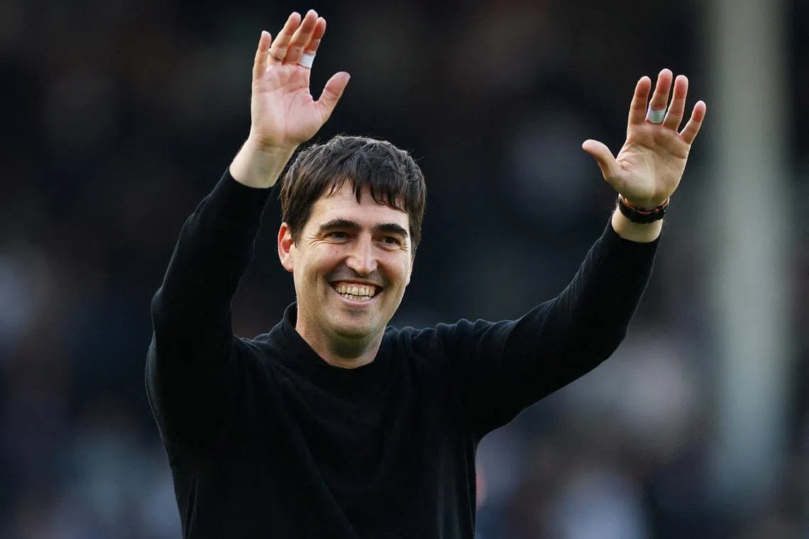 FILE PHOTO: Soccer Football - Premier League - Fulham v AFC Bournemouth - Craven Cottage, London, Britain - May 9, 2026 AFC Bournemouth manager Andoni Iraola celebrates after the match Action Images via Reuters/Matthew Childs. /File Photo