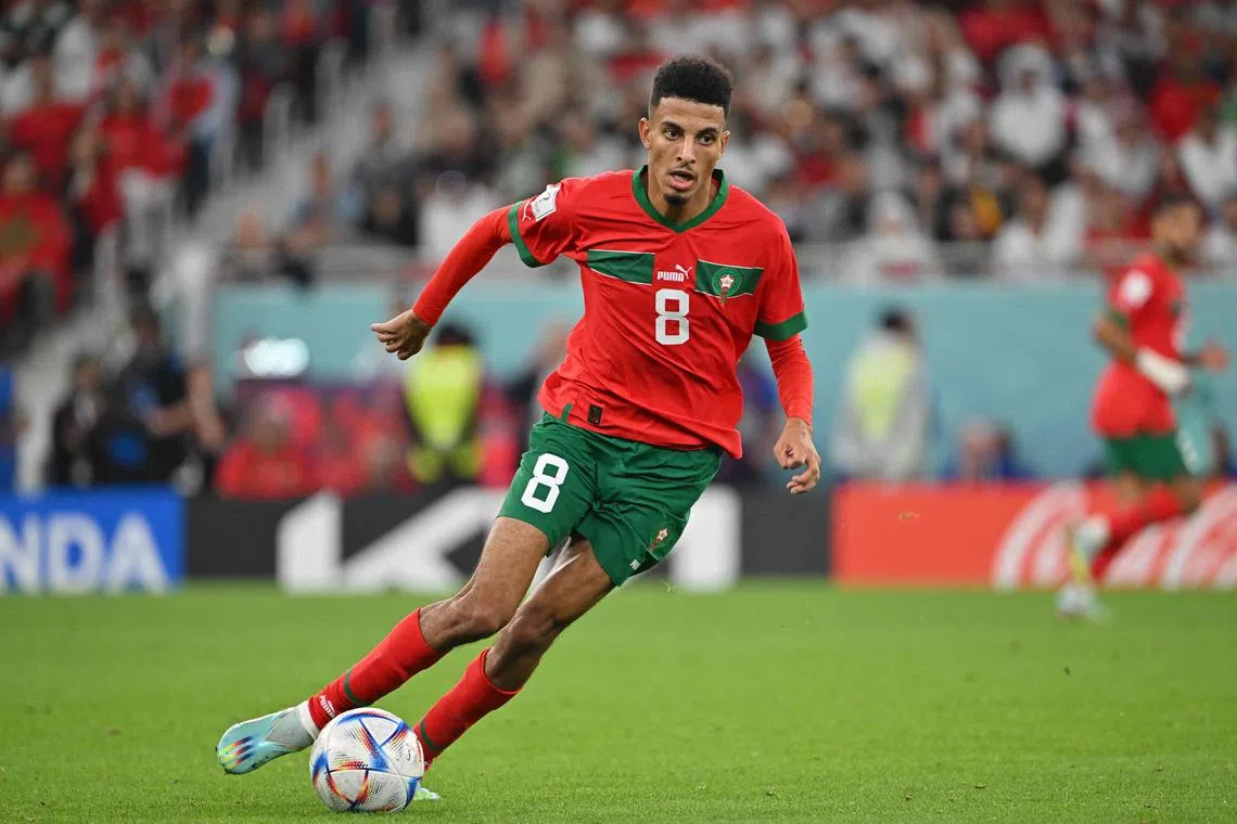 Azzedine Ounahi running with the ball during the Qatar 2022 World Cup quarter-final football match between Morocco and Portugal at the Al Thumama Stadium in Doha on Saturday.