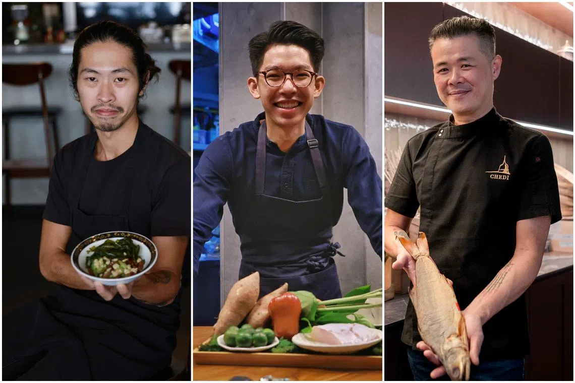 (From left) Chefs Law Jia-Jun and Eugene Chee, who make up The Fillmore Collective, and Restaurant Chedi chef-owner Lim K-Jin.