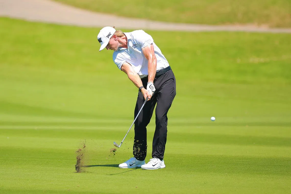 Jake Knapp of the United States playing a shot on the third hole during the third round of the Mexico Open at Vidanta at Vidanta Vallarta on Feb 24. He fired an eight-under 63 to lead on 19-under 194.