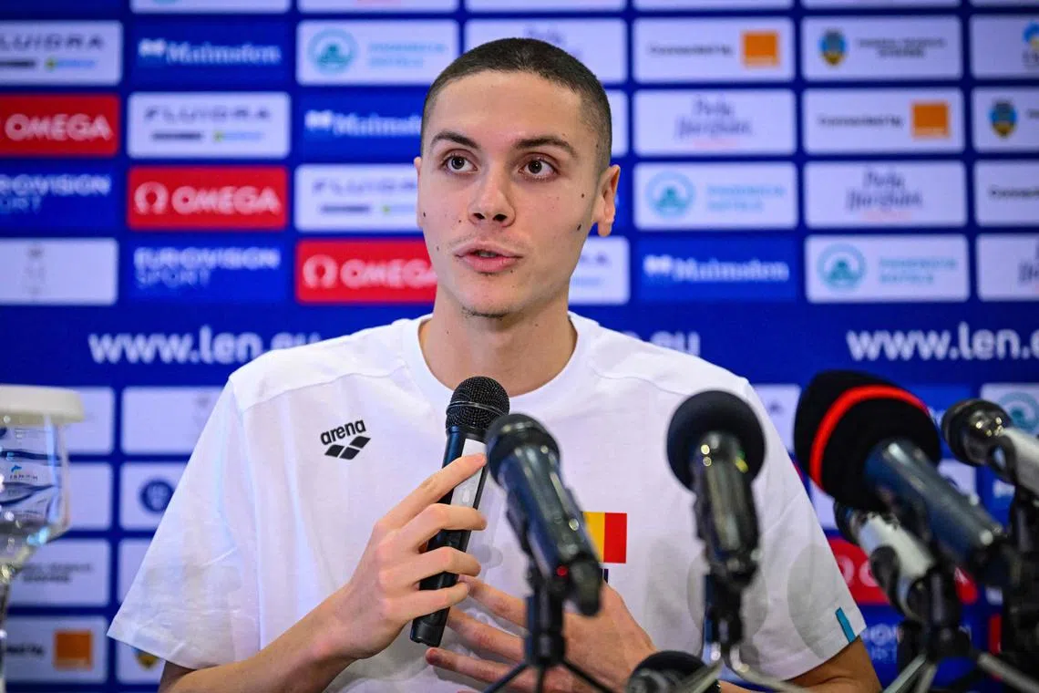 Romanian swimmer David Popovici during a press conference in Bucharest, Romania, ahead of the start of the Otopeni 2023 Short Course European Swimming Championship. 