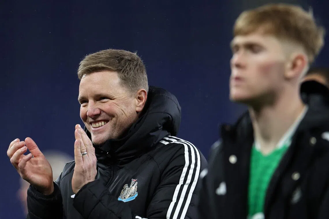 Newcastle United's English manager Eddie Howe applauding the fans following the 4-1 English Premier League away win over Everton at Hill Dickinson Stadium on Nov 29, 2025. 