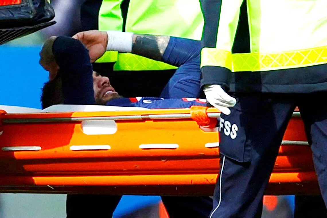Neymar was carried off the pitch on a stretcher during PSG’s 4-3 win over Lille on Feb 19.