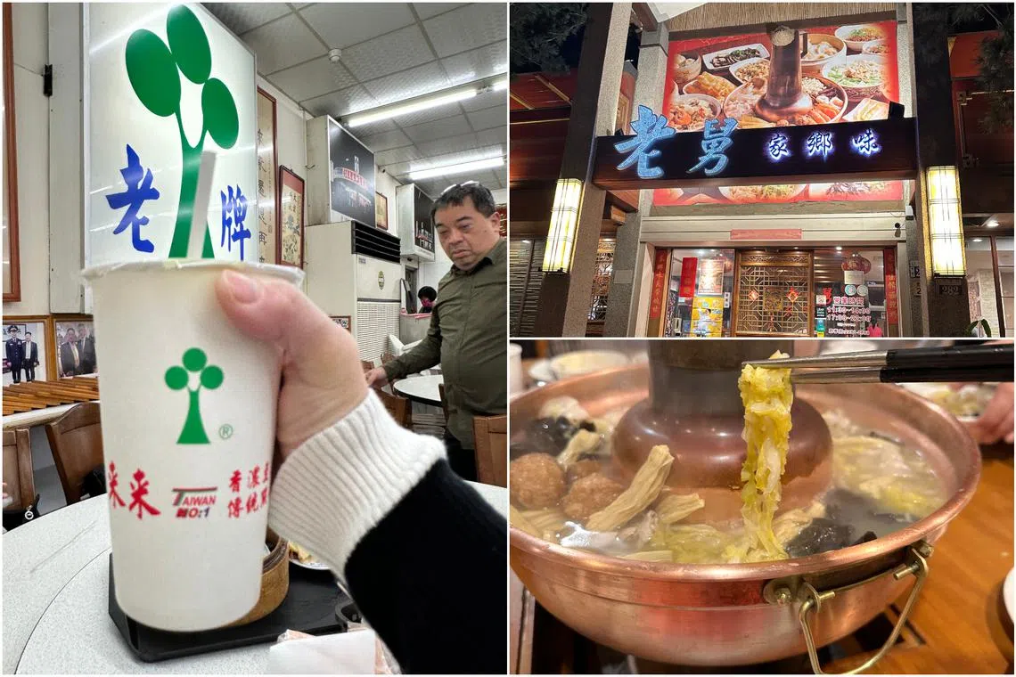 (Clockwise from left) Smoky soya bean milk at Lai Lai Doujiang and housemade suan cai (sour vegetables) at Lao Jiu’s Family Recipes.