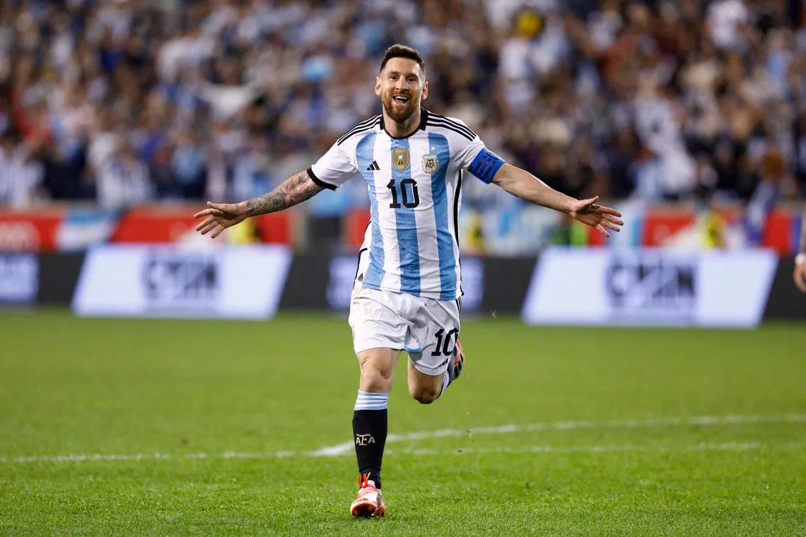 Argentina's Lionel Messi celebrates his goal during a friendly match against Jamaica on Sept 28, 2022.