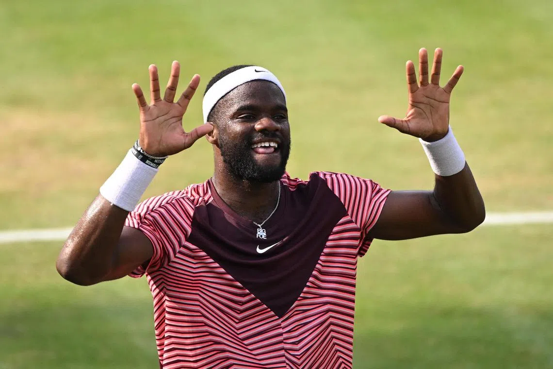 American Frances Tiafoe celebrates after winning the Stuttgart Open on Sunday. HE beat Germany's Jan-Lennard Struff  4-6, 7-6 (7-1), 7-6 (10-8).