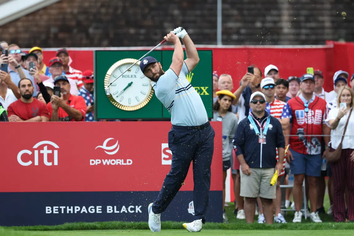 Golf - The 2025 Ryder Cup - Bethpage Black Golf Course, Farmingdale, New York, United States - September 26, 2025  Team Europe's Jon Rahm hits his tee shot on the 3rd hole during the foursomes REUTERS/Brendan Mcdermid
