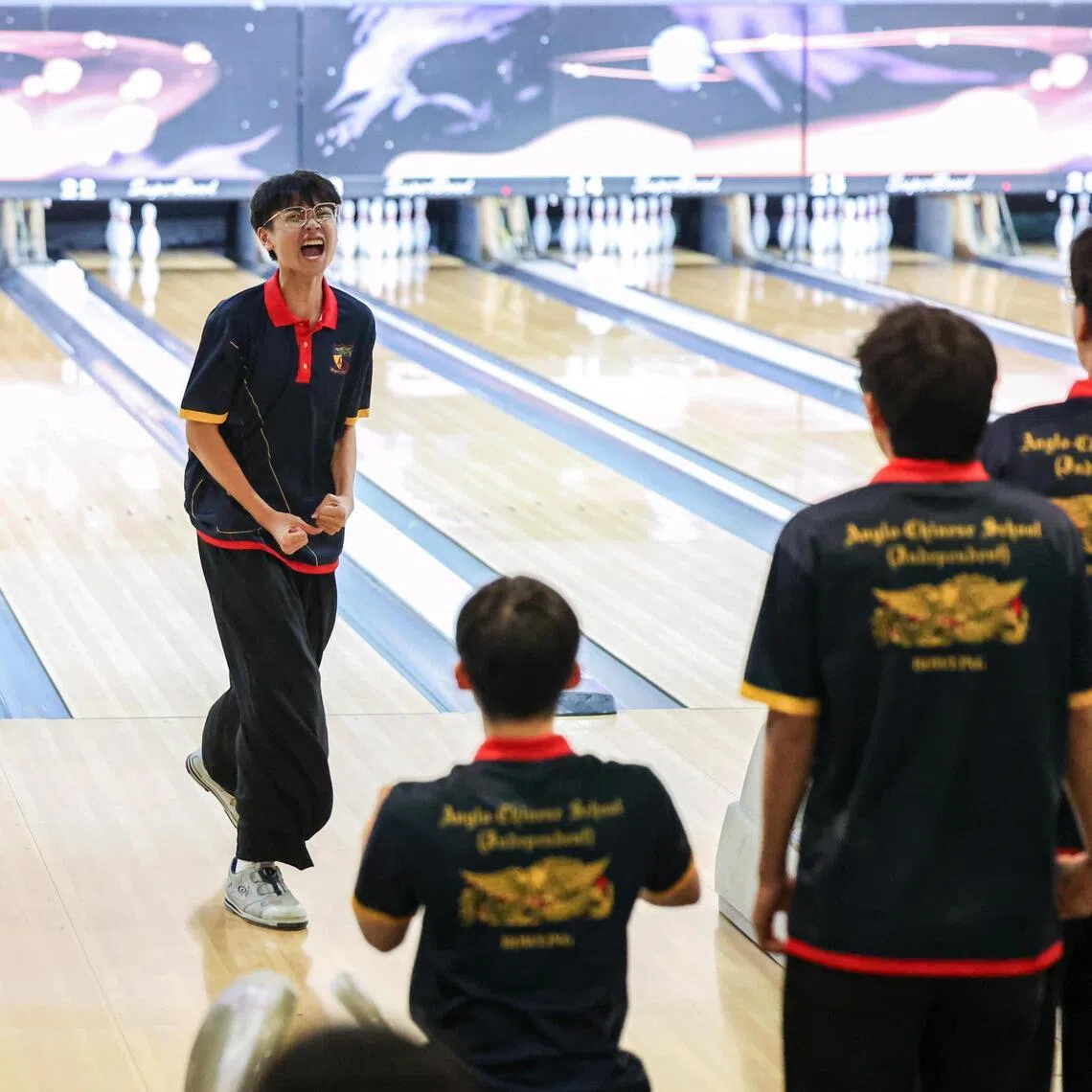 ACS(I) bowler Leighton Kuah, 15, celebrating after scoring a strike during the final round of the National School Games B Division boys' bowling competition.