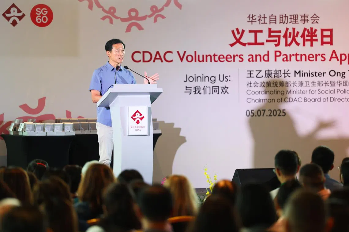 Health Minister and Coordinating Minister for Social Policies Ong Ye Kung speaking at CDAC’s inaugural Volunteers’ and Partners Appreciation Day on July 5.