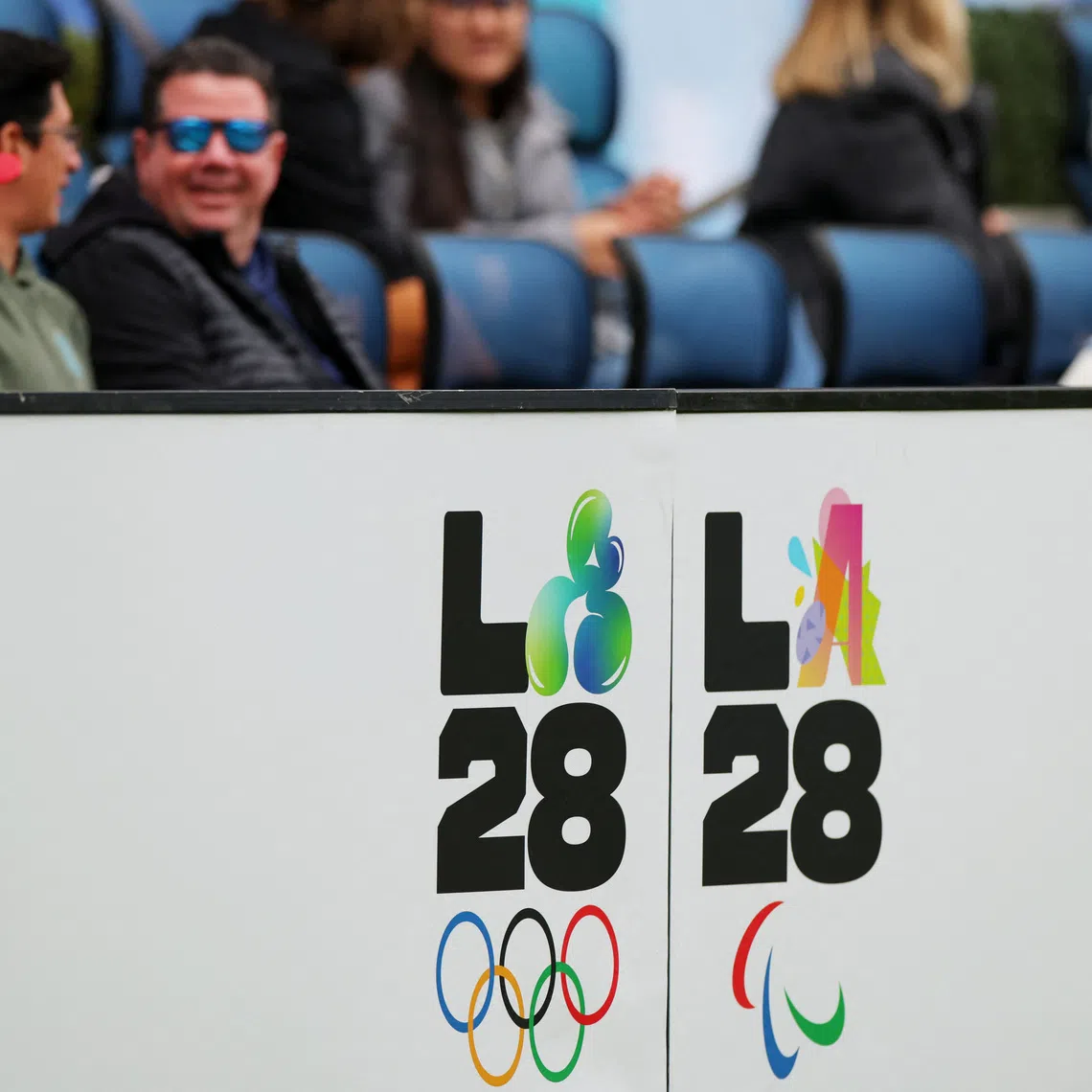 Rugby Union - HSBC Sevens - Rugby Sevens World Championship - Dignity Health Sports Park, Los Angeles, California, United States - May 4, 2025 General view of signage for the Los Angeles 2028 Olympic and Paralympic Games inside the stadium REUTERS/Daniel Cole