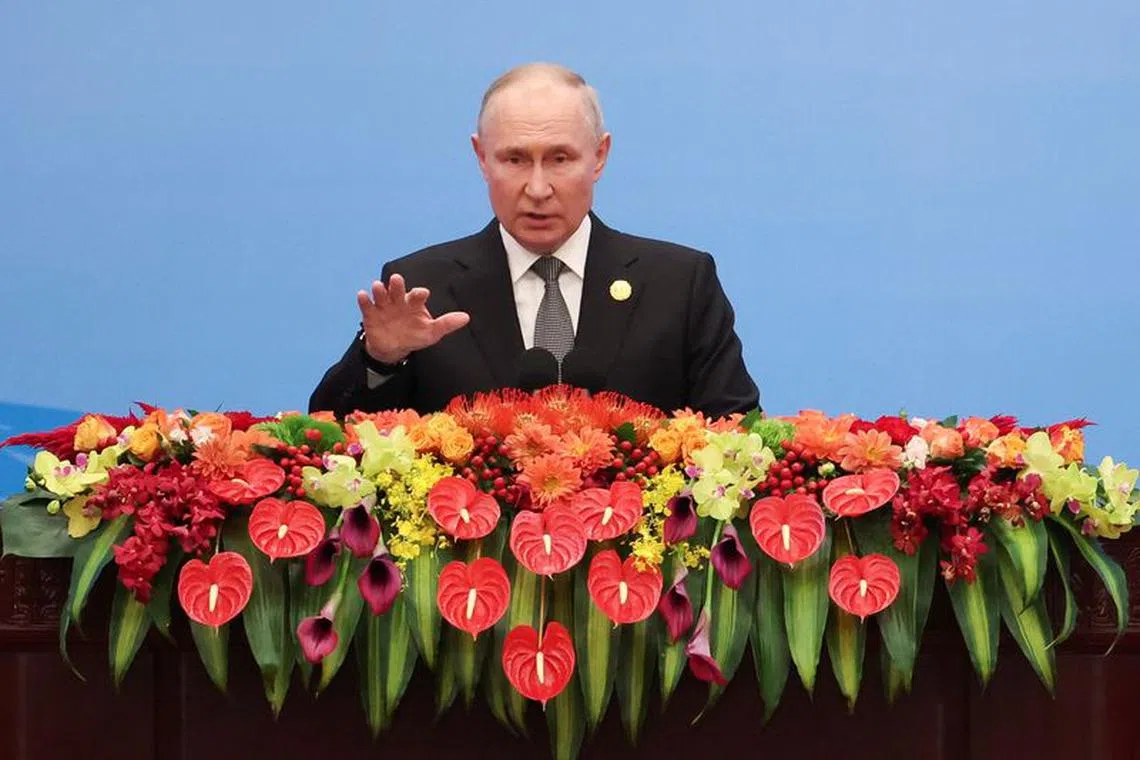 Russian President Vladimir Putin speaks at the opening ceremony of the Belt and Road Forum (BRF), to mark the 10th anniversary of the Belt and Road Initiative at the Great Hall of the People in Beijing, October 18, 2023. REUTERS/Edgar Su