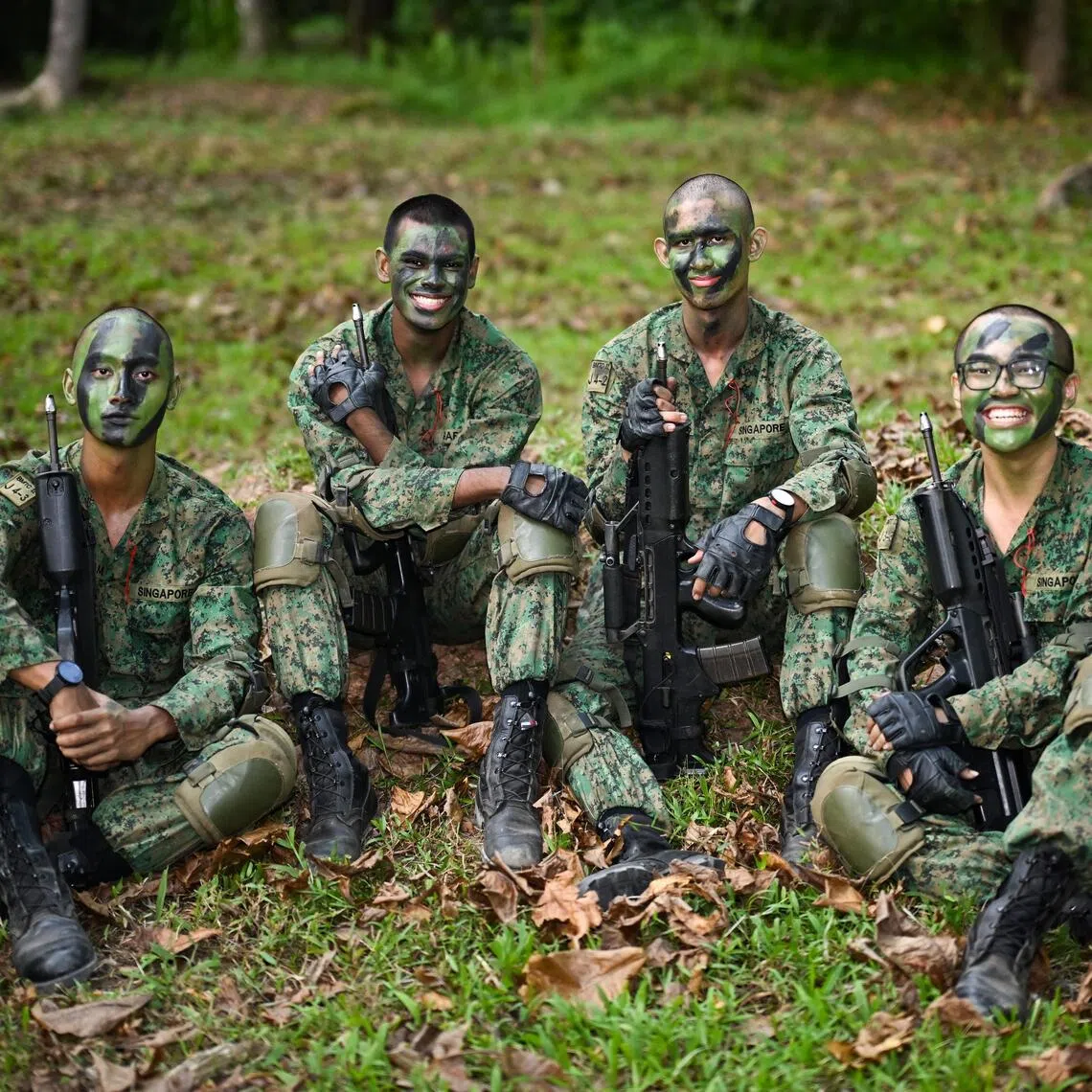 (From left) Aniq Afhami Hamir, Haravin Shaun Sivakumar, Connor Francis Foster and Javis Goh did eight more weeks of physical training before basic military training. 
