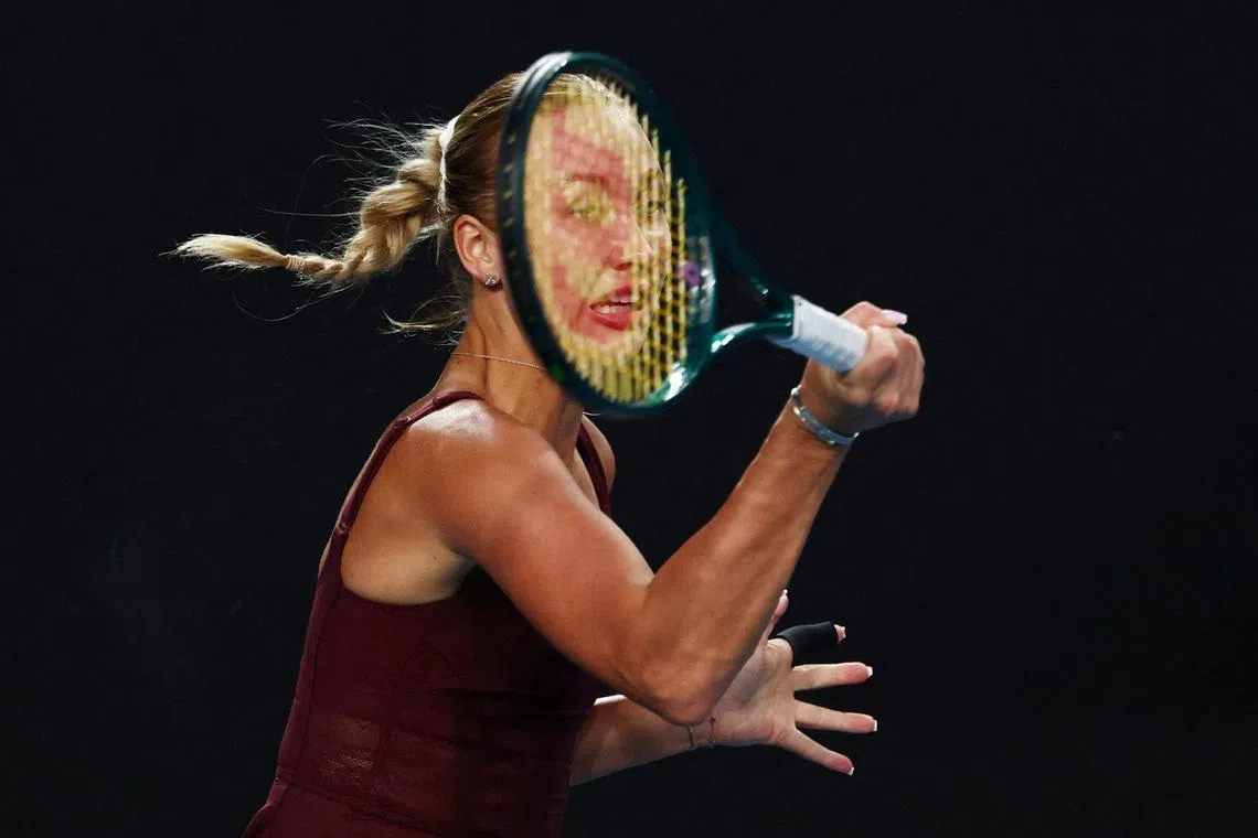 Austria's Anastasia Potapova in action during her first round match against Netherlands' Suzan Lamens, at the Australian Open, held in Melbourne Park, Melbourne, Australia, on Jan 18, 2026.