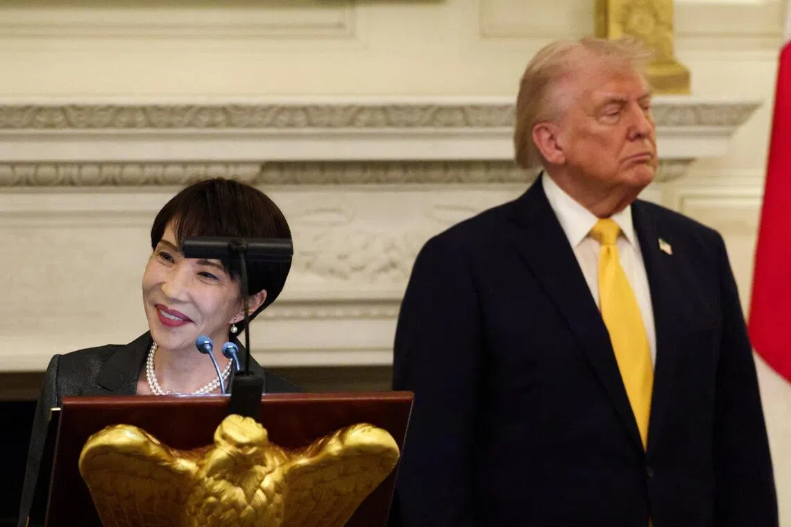 Japanese Prime Minister Sanae Takaichi delivers remarks during a dinner hosted by US President Donald Trump at the White House in Washington, DC, on March 19, 2026.
