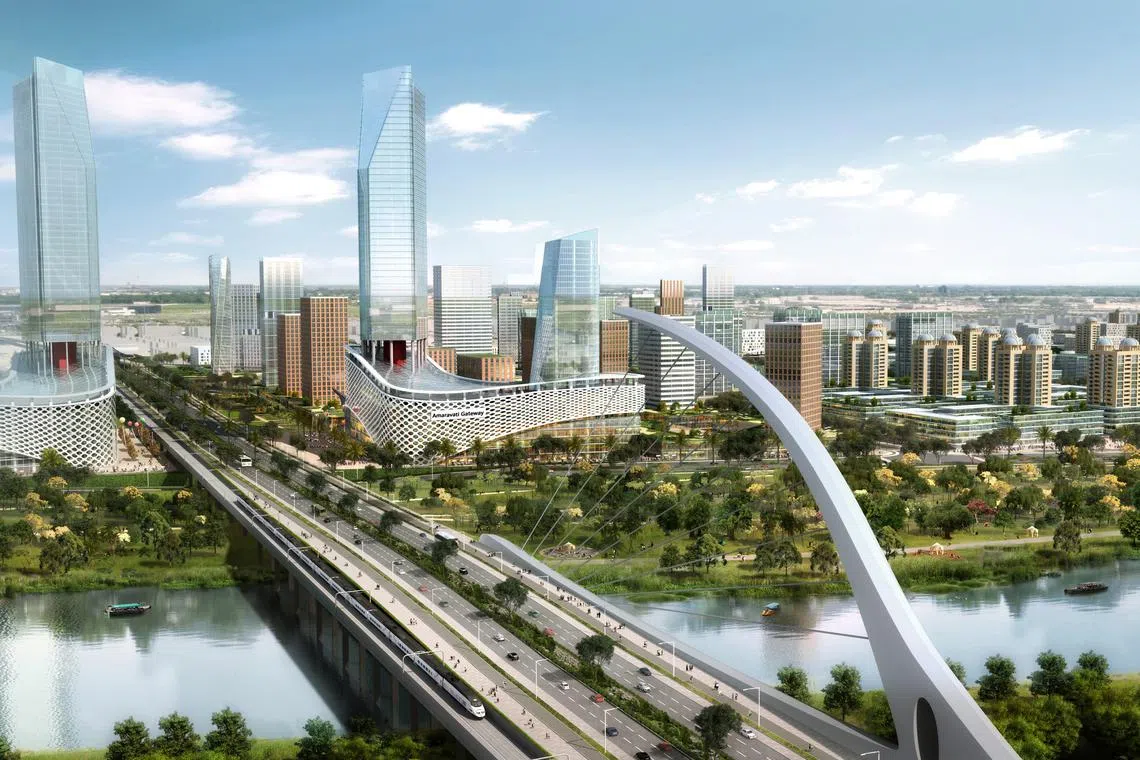 Artist's impression of the new capital city for the southern Indian state of Andhra Pradesh, Amaravati. It is being built on the banks of the Krishna River.
